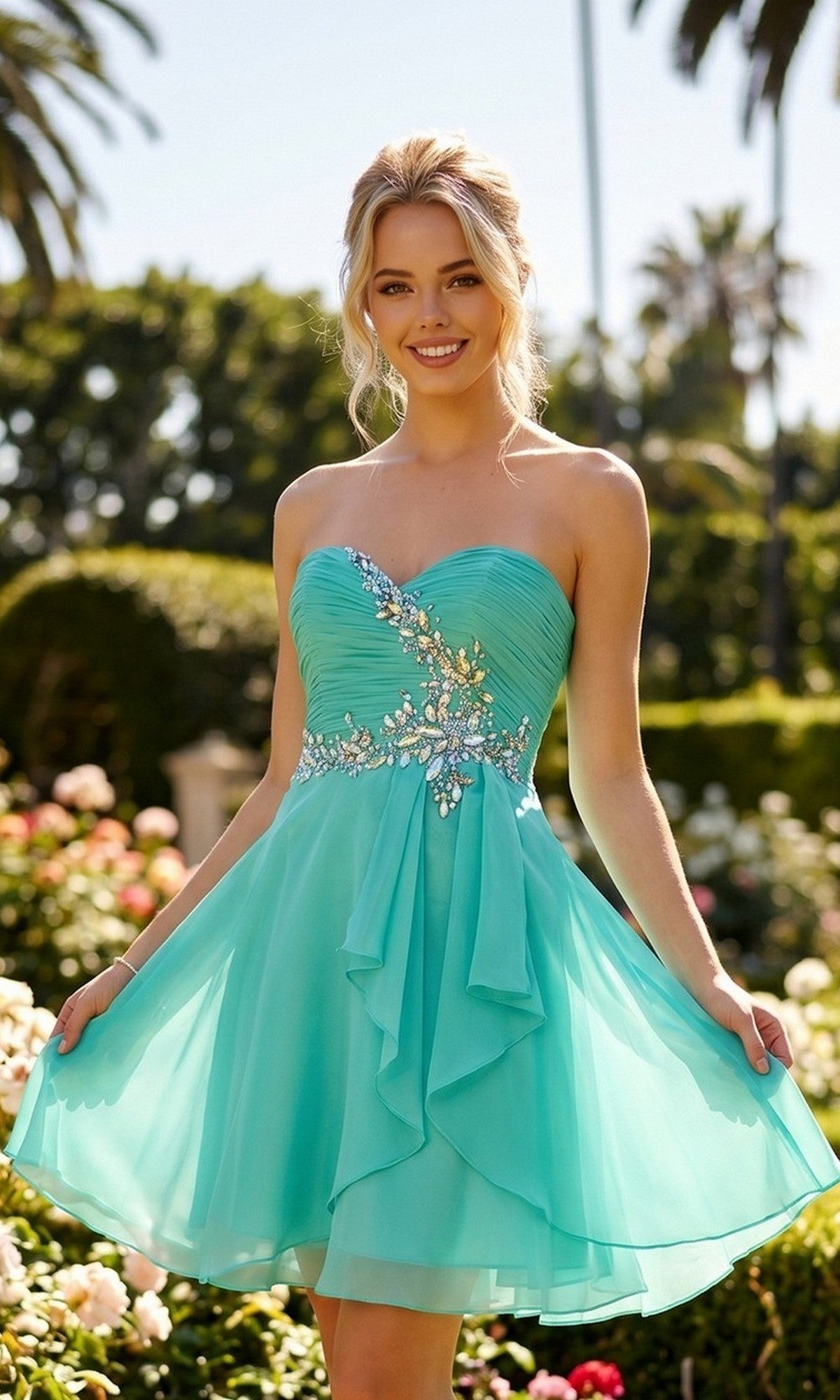 A woman in the Juliet JT741 short homecoming dress, featuring a strapless jade design with a pleated bodice and silver embellishments, stands outdoors in a garden with palm trees and flowers.